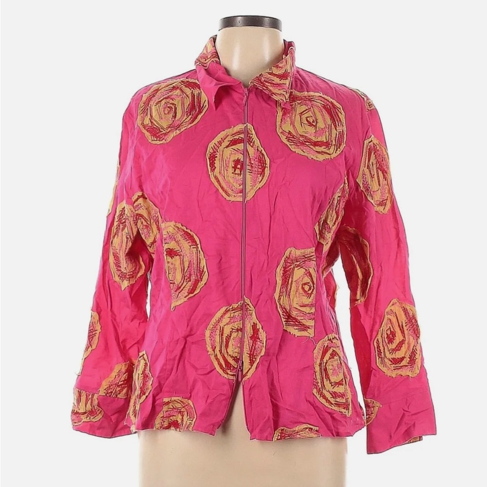 Samuel Dong Appliqué Embroidered Pinks Long Sleeve Blouse Zip Jacket Top M HTF